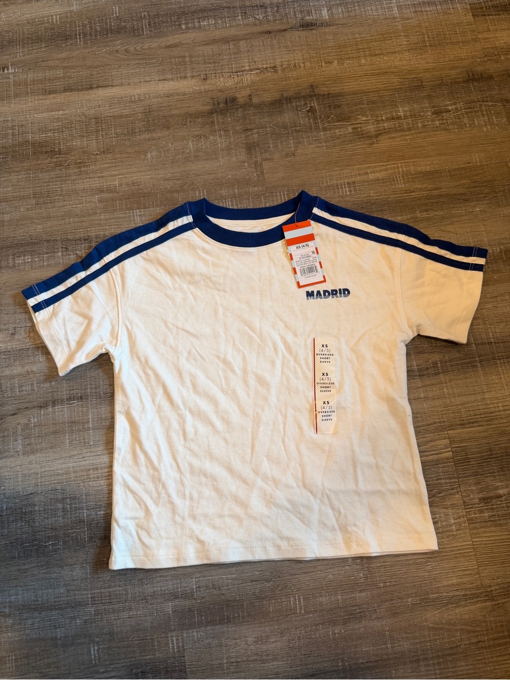 Cat & Jack White Tee with Blue Trim and 'Madrid' Chest